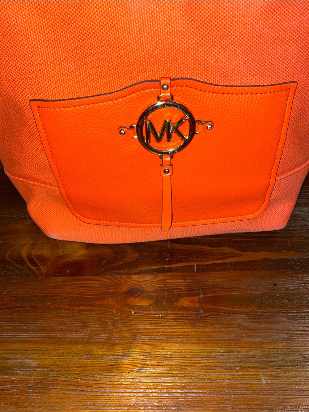 Michael Kors Coral Orange Rope Handle Tote Shoulder Bag Gold MK Medallion - Picture 3 of 15